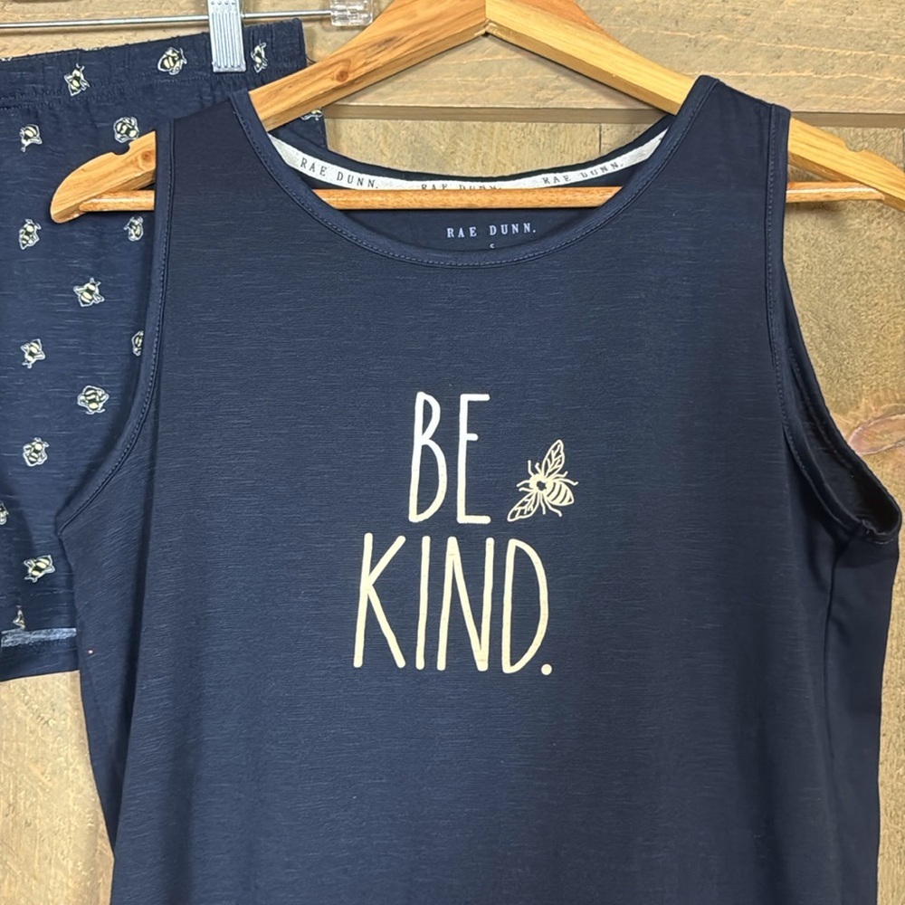 Rae Dunn Be Kind pajama set - tank top and shorts Size Small Blue and yellow - Picture 4 of 7
